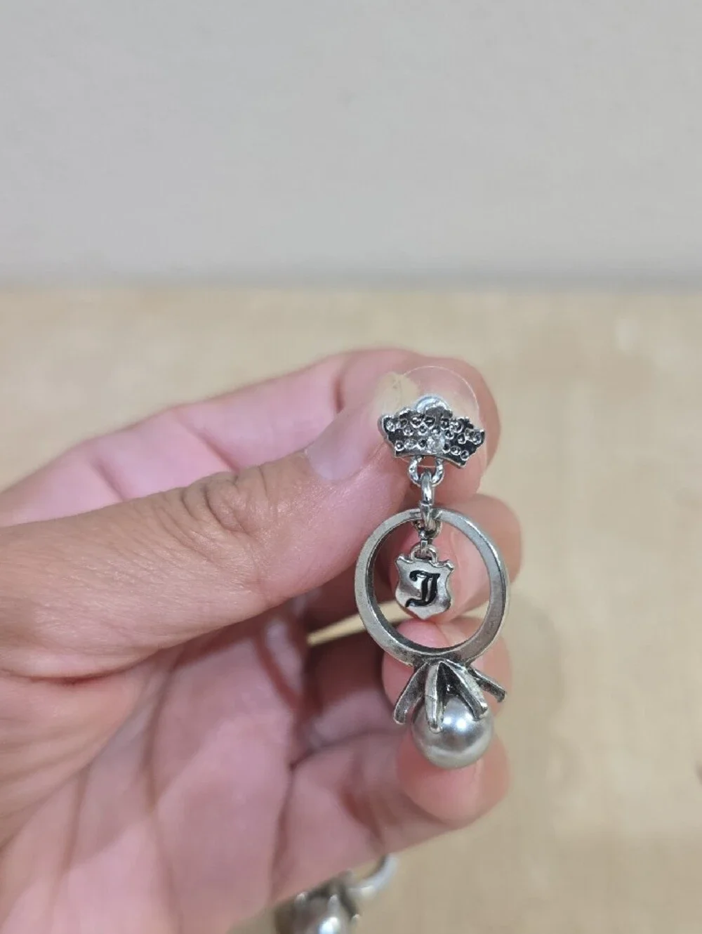 Juicy Couture Silver-Tone Pearl Drop Earrings with 'J' Charm